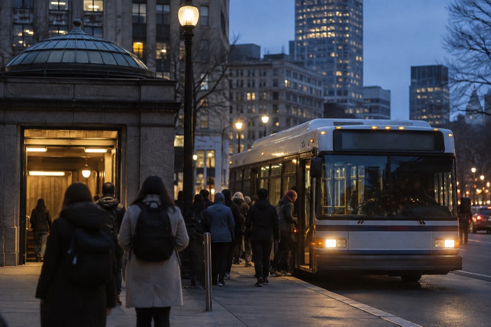 A shuttle bus replacing subway service outside a closed Boston station