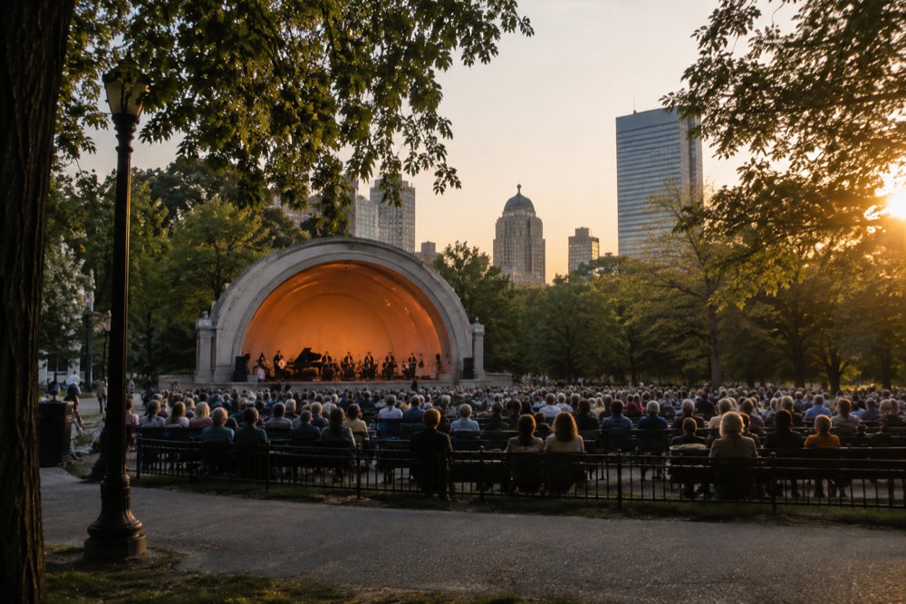 A concert hall stage lit in warm light with rows of seats facing it