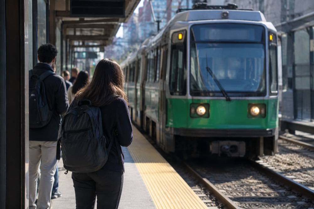 A subway platform in Boston with a green line train arriving and passengers waiting