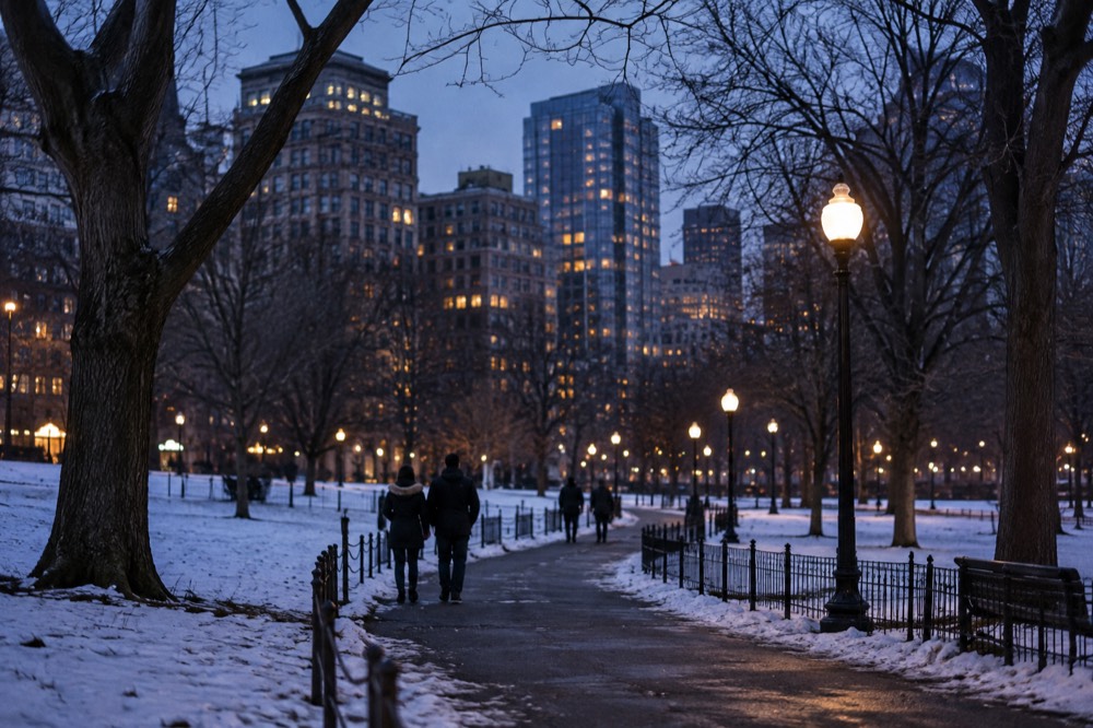 A snow-dusted Boston street in the evening with warm light spilling from building entrances