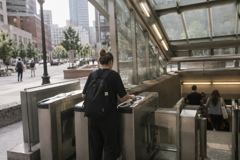 A passenger tapping a fare card at an MBTA subway station entrance