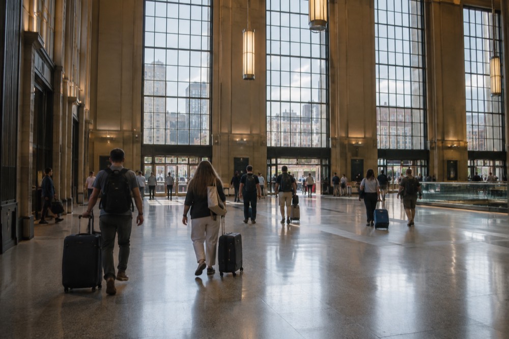 Travelers with suitcases walking through the main hall of South Station