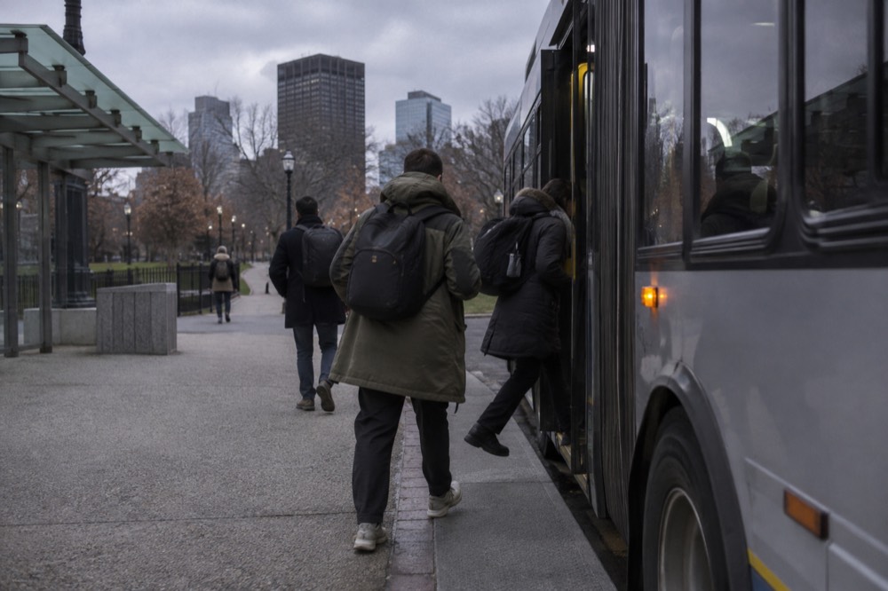 Passengers boarding a Silver Line bus at a station entrance