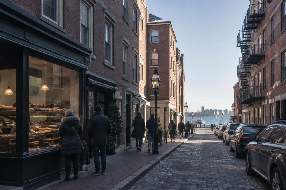 People browsing the pastry shop windows on a narrow street in the North End