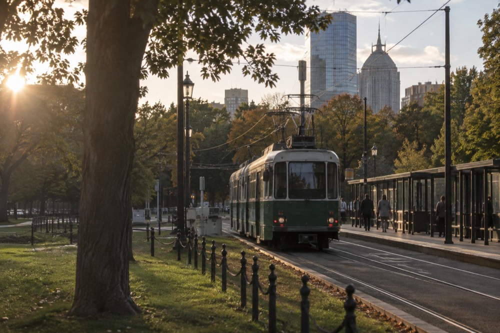 A green MBTA trolley car arriving at an outdoor station platform in Boston