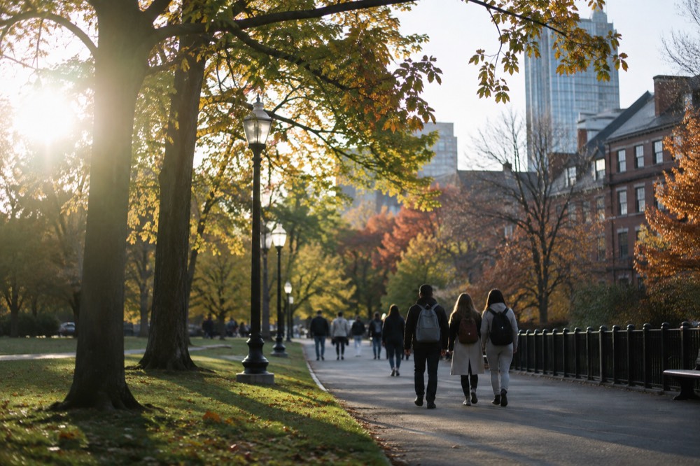 Students walking along a tree-lined campus pathway with brick academic buildings