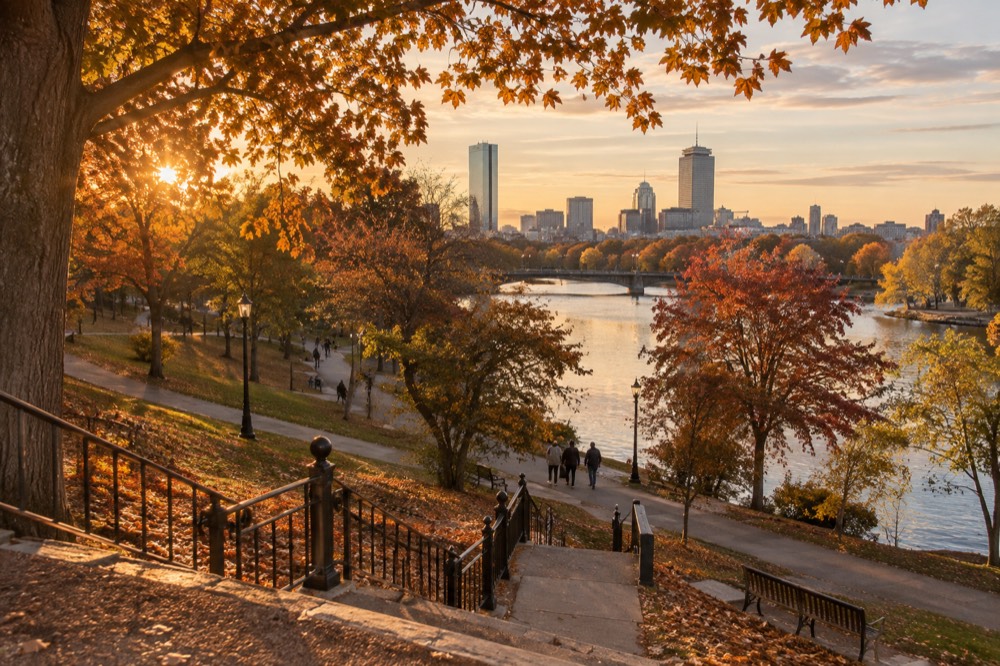 Autumn leaves along a riverside path with campus towers in the distance