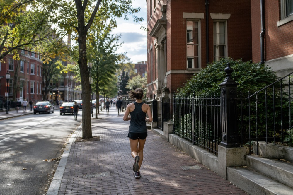 Red brick buildings and a leafy street in Harvard Square, Cambridge