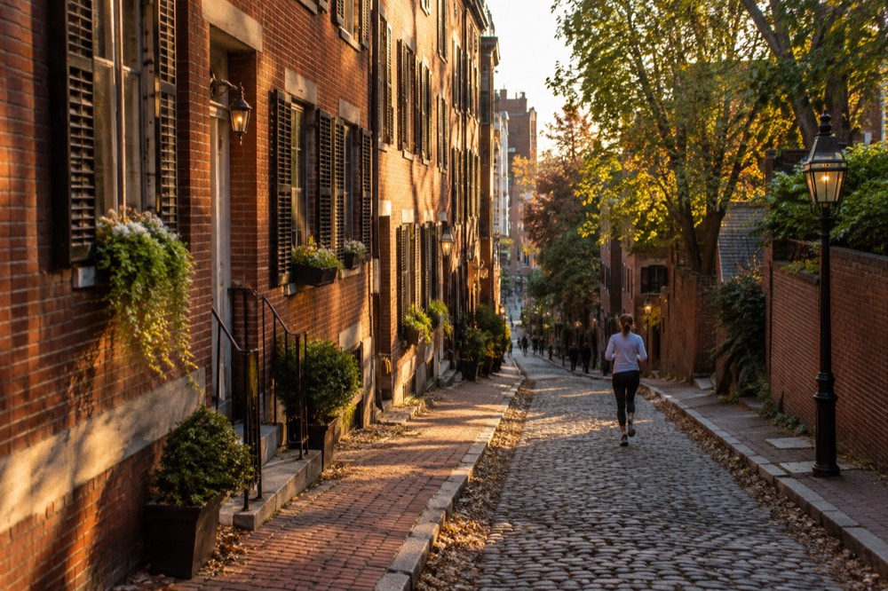 The red brick rowhouses of Beacon Hill along a narrow tree-lined street