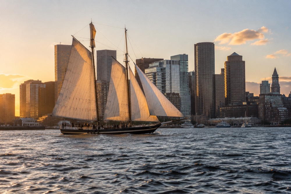 A tall ship under sail on Boston Harbor with the downtown skyline behind it