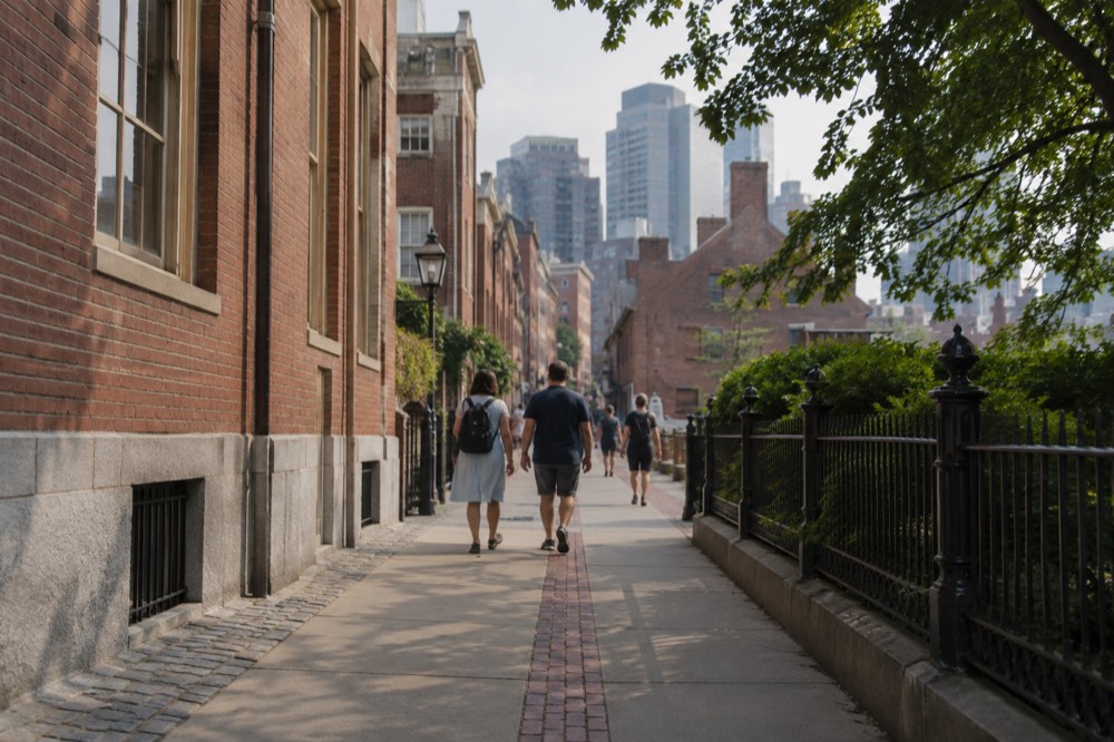 Visitors walking the red brick line of the Freedom Trail past historic buildings