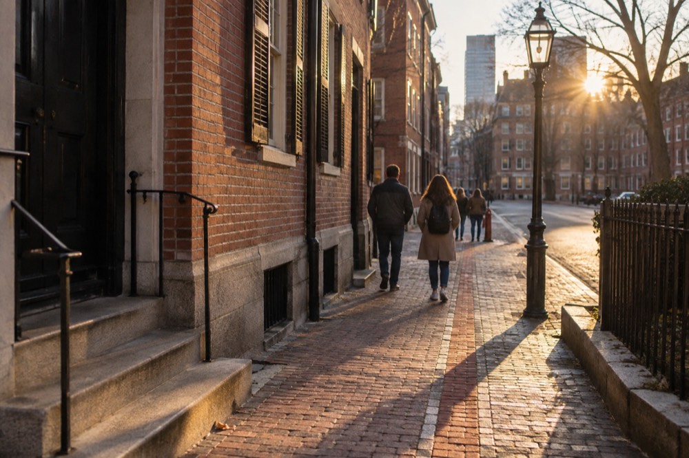 Visitors walking the Freedom Trail red line past historic brick buildings