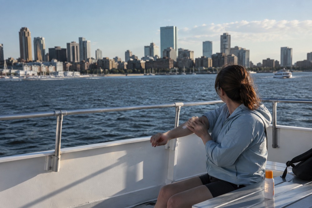 A visitor in a windbreaker applying sunscreen on a boat deck