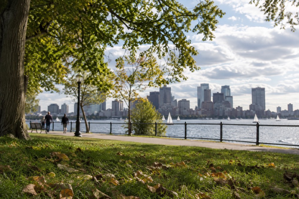 The Boston skyline seen across the harbor from the water