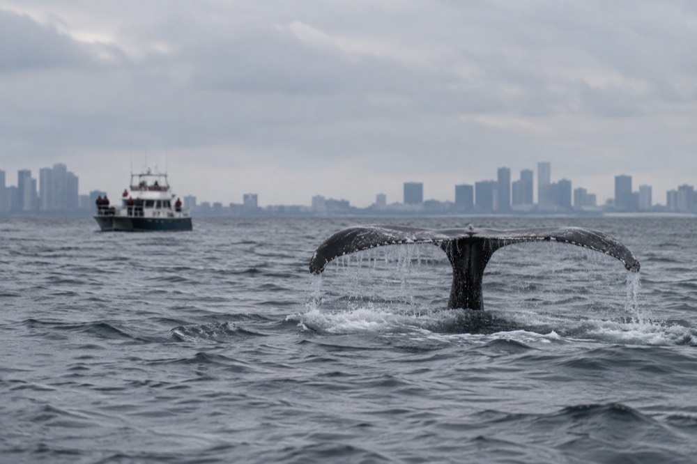 A whale tail fluke rising above ocean water as a boat watches from a distance