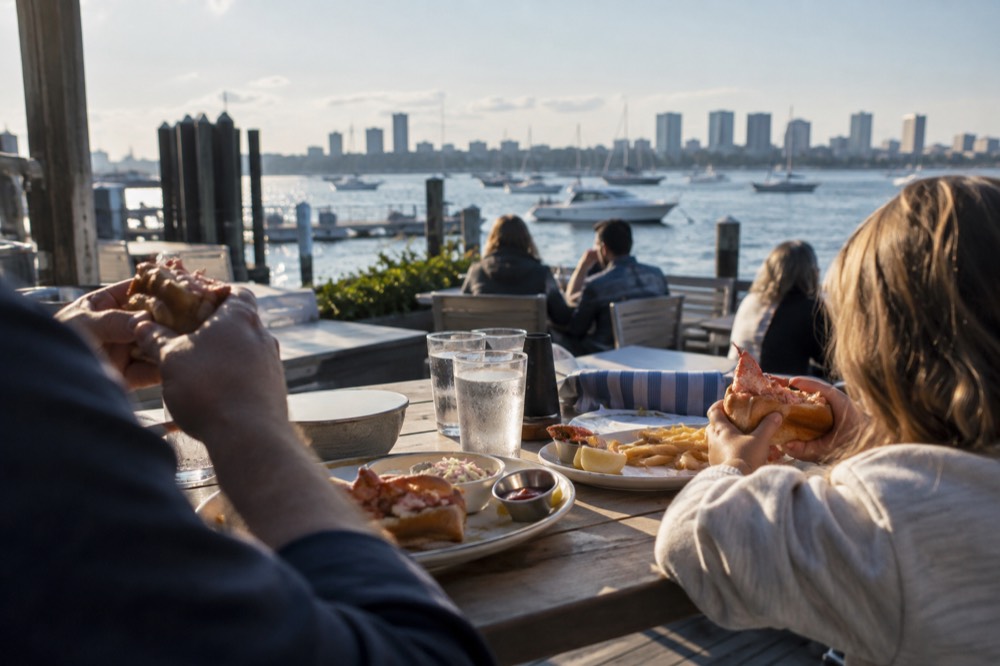 A family sharing lobster rolls at an outdoor table at a Boston waterfront restaurant