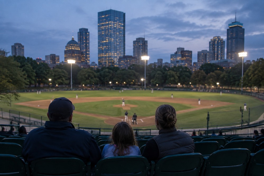 A family sitting in green stadium seats looking out at a baseball field from behind home plate