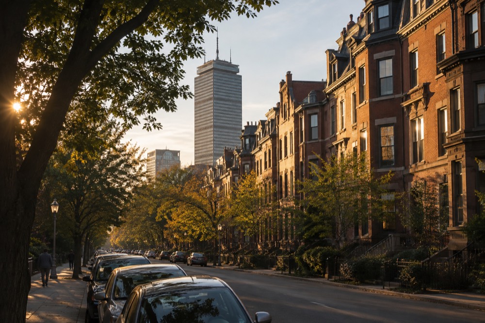 Rowhouses on a Back Bay street with the Prudential tower rising behind them