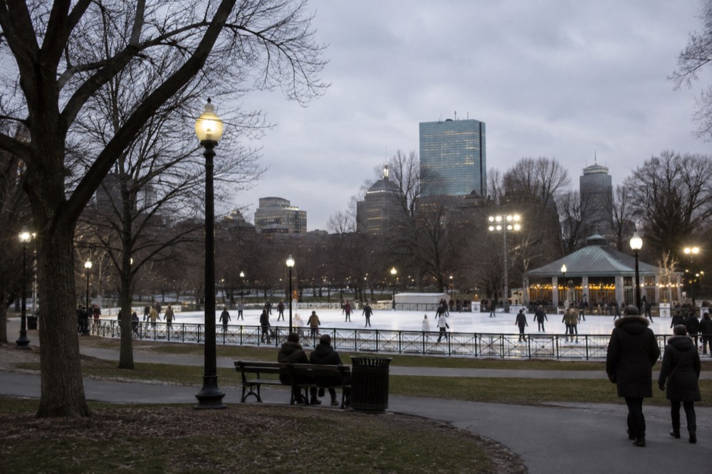 An ice rink lit up before a hockey game in Boston