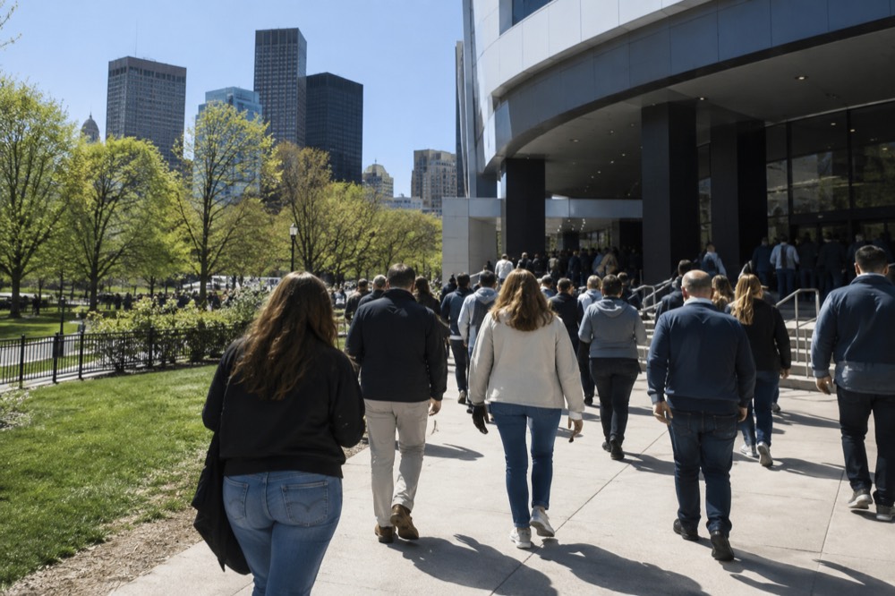 Crowd filing into a sports arena entrance on a city street