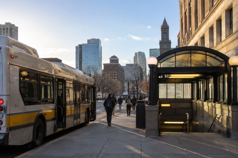 A bus and subway entrance side by side in downtown Boston