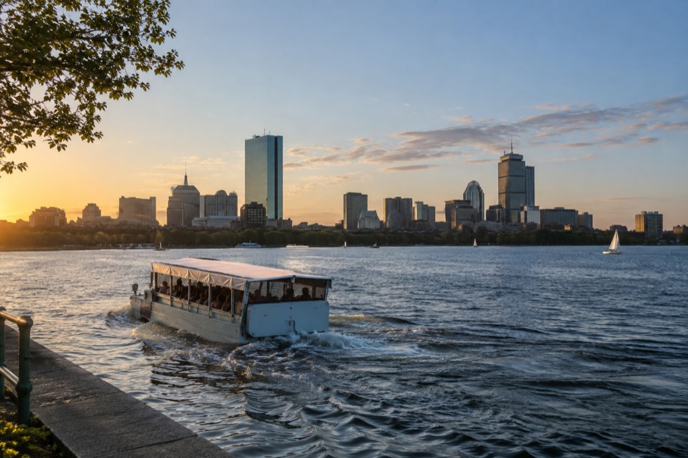 A duck boat entering the Charles River with the Boston skyline behind it