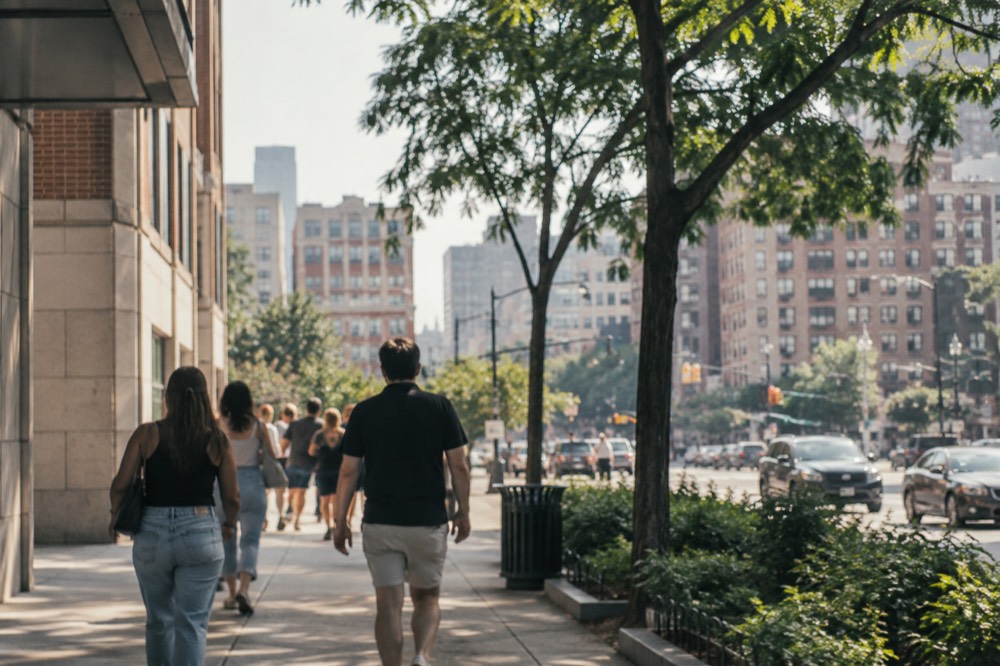 Kenmore Square bustling with pedestrians beneath tall buildings on a clear day