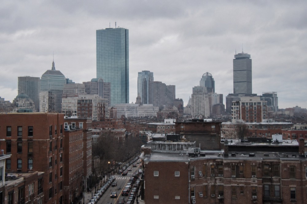 The Boston skyline seen from the top rows of Fenway Park