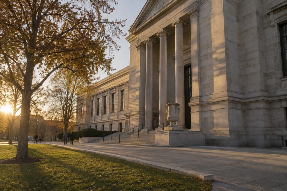 The stone facade of the Museum of Fine Arts on a clear afternoon