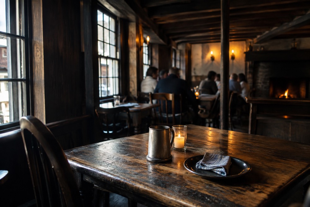 Historic Boston tavern interior with wooden beams and low light