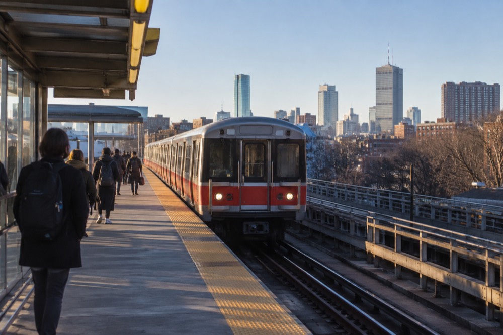 A Red Line train arriving at an outdoor MBTA station platform