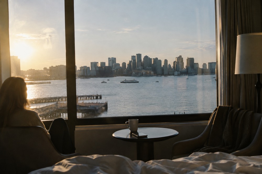 Hotel rooms with harbor views looking toward the Boston skyline across the water