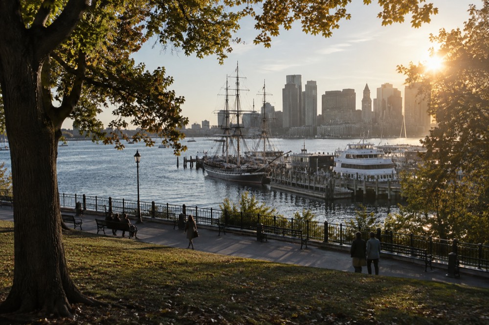 A historic sailing ship and ferries at a Boston wharf in late afternoon light