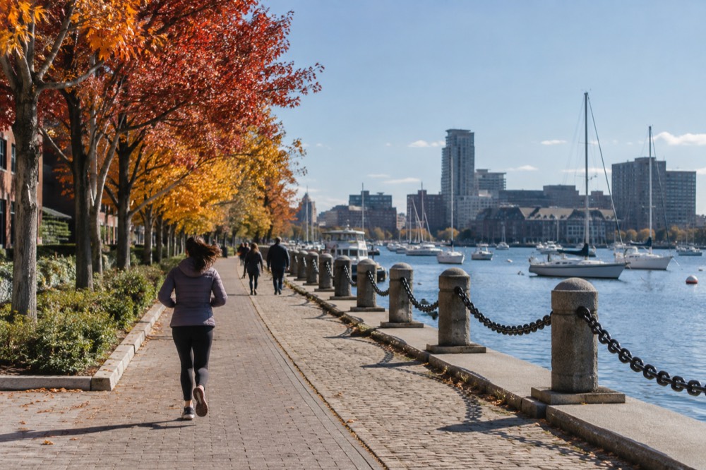 Autumn trees along a Boston waterfront path with moored boats in the harbor