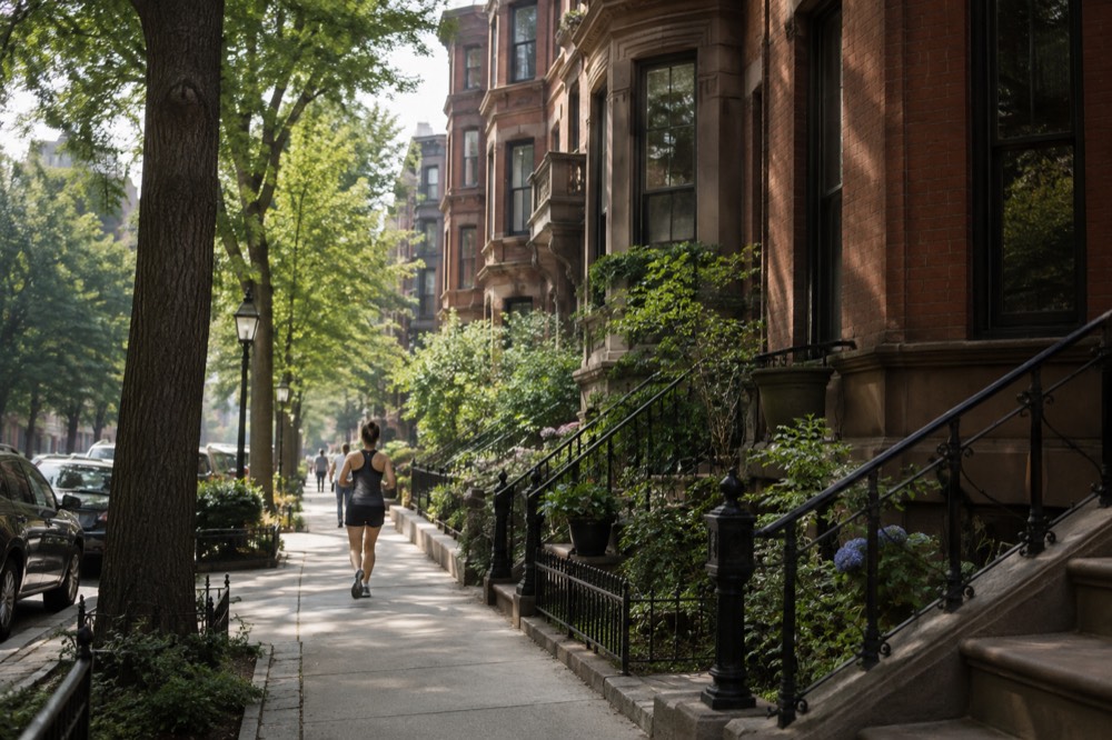 Rowhouses on a tree-lined Back Bay street in Boston