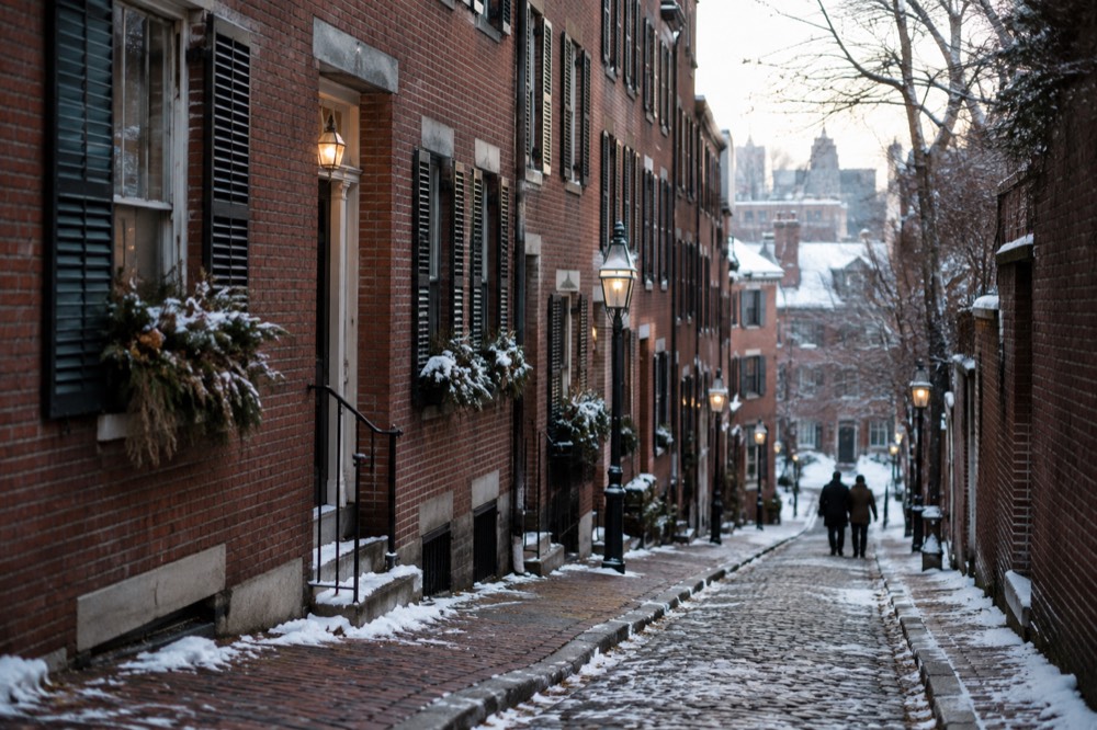Snow dusting the rooftops of Beacon Hill in winter
