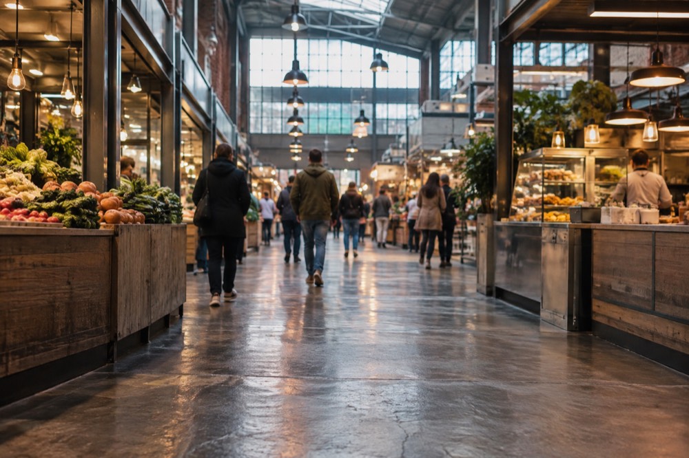 People walking through an illuminated indoor market hall with food stalls on both sides