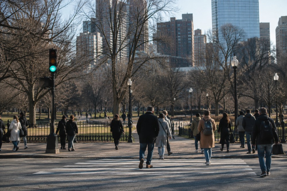 A busy Boston street with pedestrians crossing at a signalized crosswalk in daylight