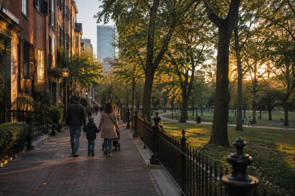 Families strolling a tree-lined Boston street with brick row houses in the evening
