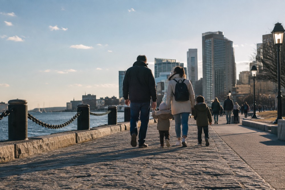Parents with children walking a Boston waterfront path on a sunny afternoon