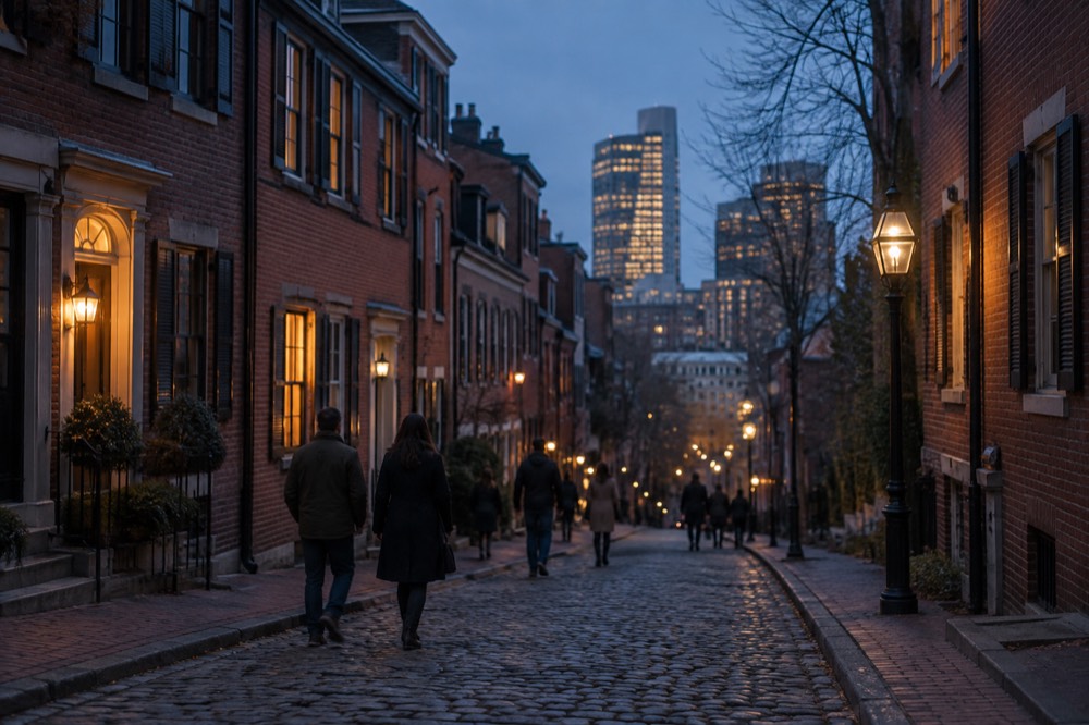 Pedestrians crossing a cobblestone street in downtown Boston with brick row buildings on both sides