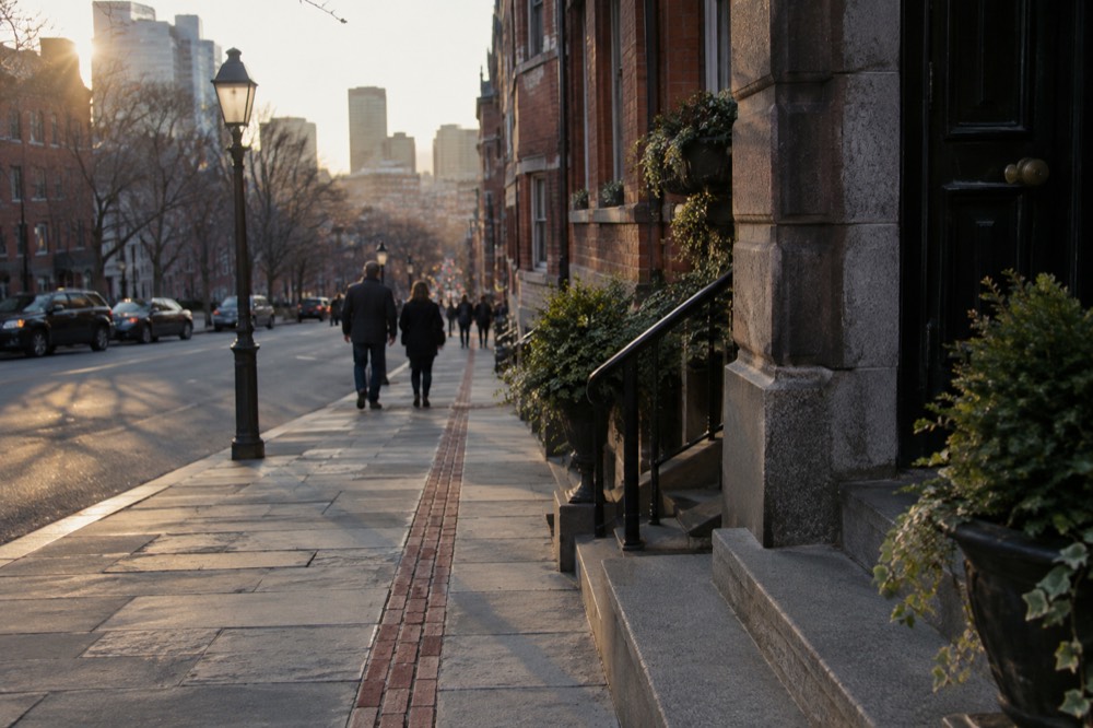 The red brick line of the Freedom Trail running along a downtown Boston sidewalk