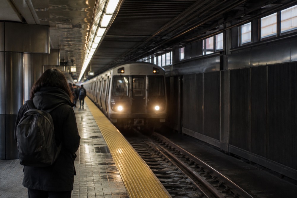 An MBTA subway station platform in Boston with a train arriving