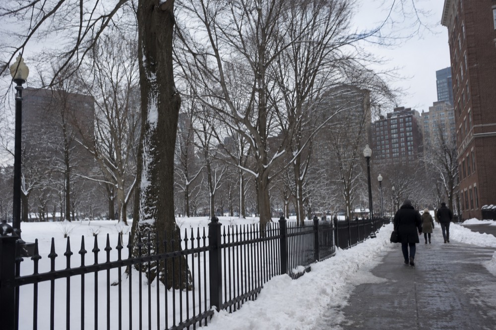 A snowy winter day on a Boston sidewalk with brick buildings and cleared walkway
