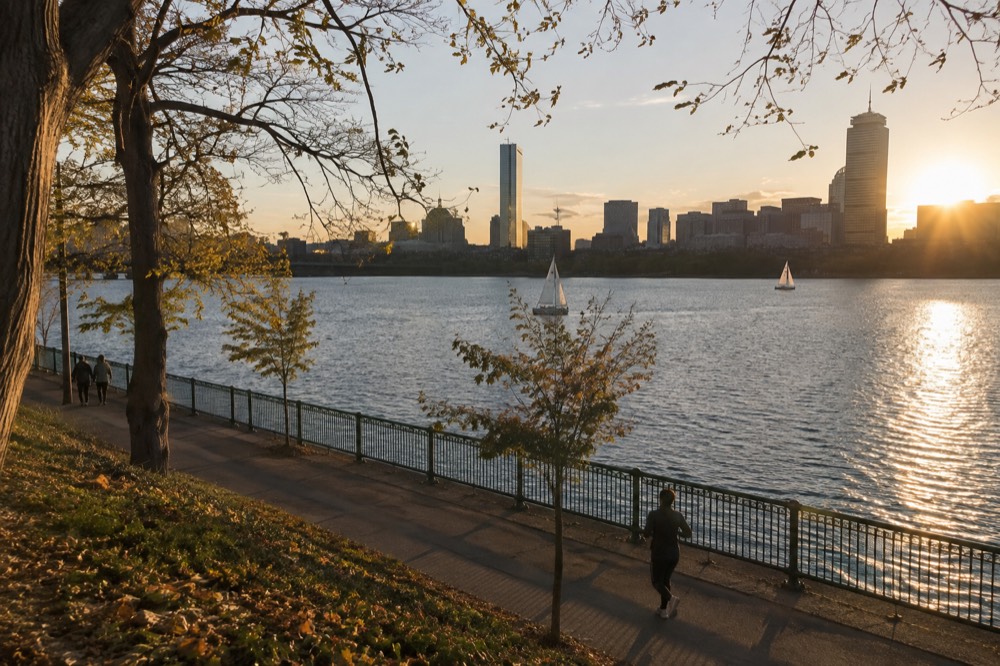 A riverside walking path along the Charles River with Boston skyline behind it