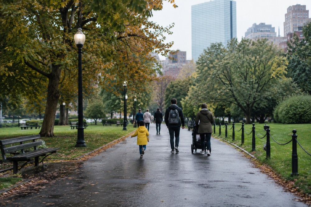 Families walking along a wide paved park path in downtown Boston