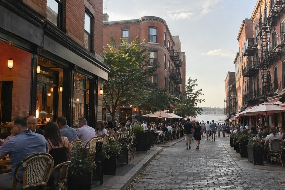 People eating at outdoor tables along a busy street in the North End of Boston