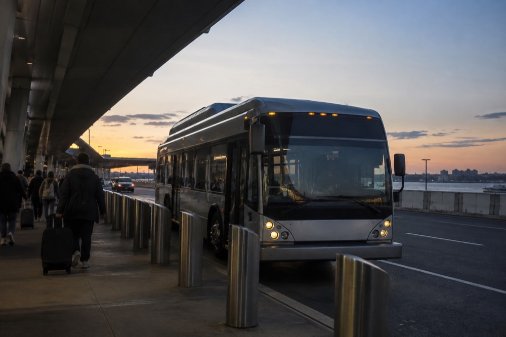 A Silver Line bus at a Logan Airport terminal curb at dusk
