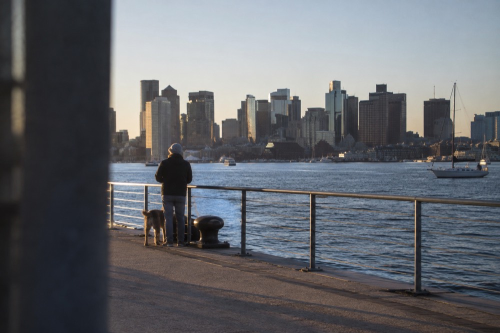The Boston skyline seen across the harbor from East Boston