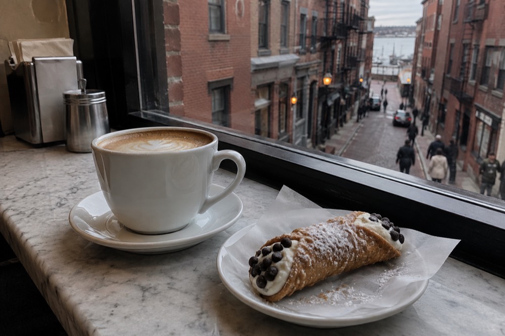 Cannoli and coffee on a counter in the North End of Boston
